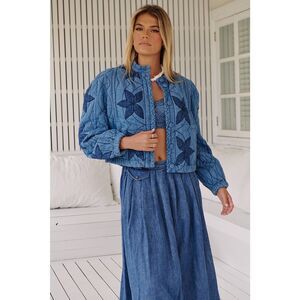 New FREE  PEOPLE Quinn Quilted Jacket Women's Size Large Blue